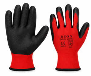 Black Latex Coated Red Polyester Gloves